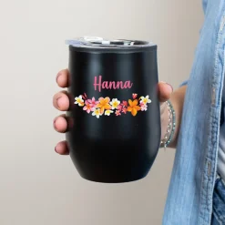 Thermobecher personalisiert mit Name und Blumenmotiv in schwarz oder weiß | Geschenk für Frauen