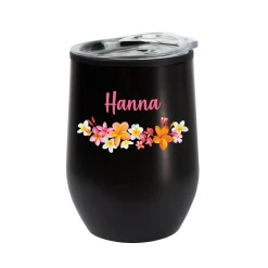 Thermobecher personalisiert mit Name und Blumenmotiv in schwarz oder weiß | Geschenk für Frauen