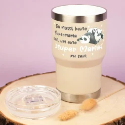 Thermobecher - Super Mama - mit Panda Motiv | Kaffeebecher Coffee to go 350ml für Muttertag in grau & beige