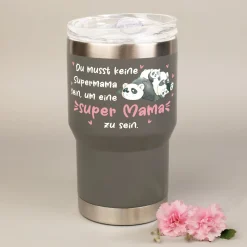 Thermobecher - Super Mama - mit Panda Motiv | Kaffeebecher Coffee to go 350ml für Muttertag in grau & beige