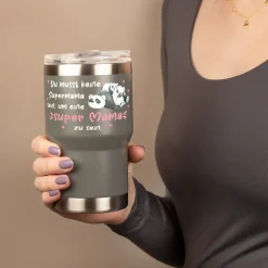 Thermobecher - Super Mama - mit Panda Motiv | Kaffeebecher Coffee to go 350ml für Muttertag in grau & beige