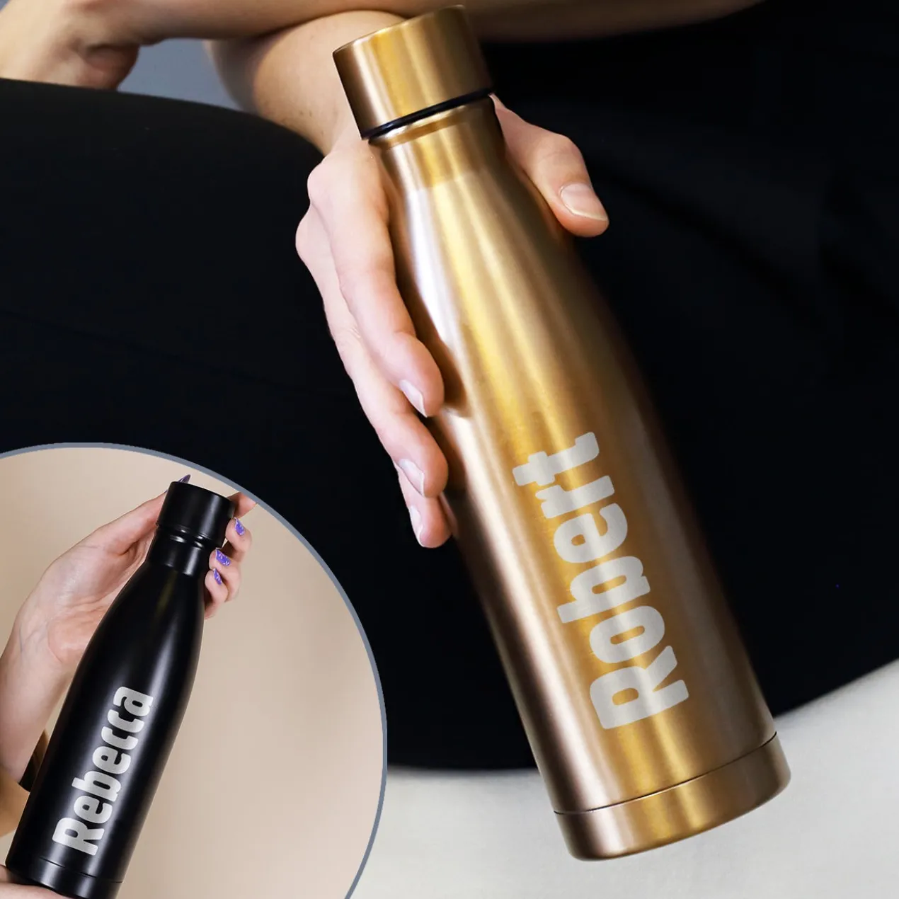 Thermosflasche in zwei Farben mit Ihrem Wunschnamen