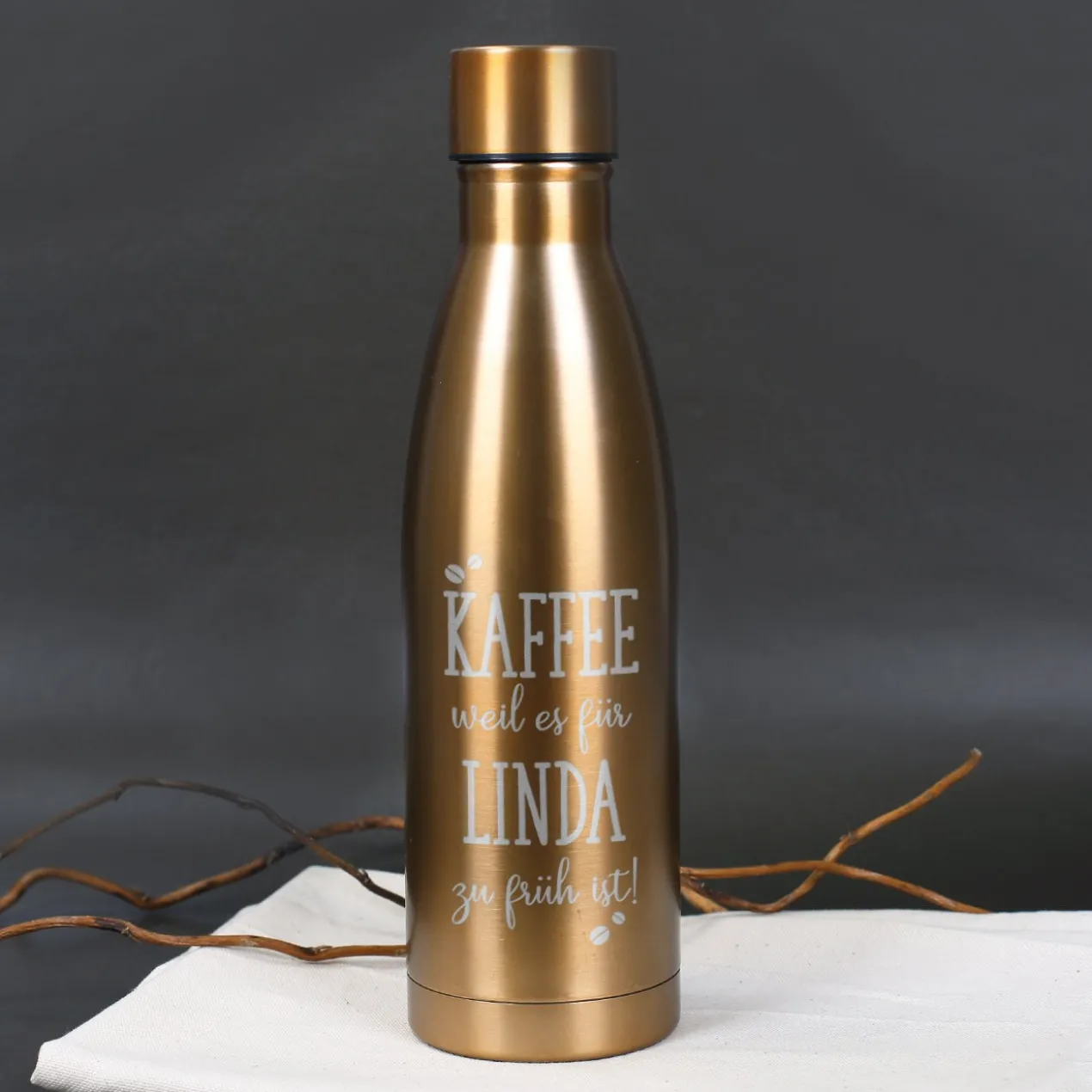 Thermosflasche mit Kaffeemotiv und Wunschtext