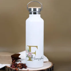 Thermosflasche mit Rosen-Monogramm, Name und Initiale bedruckt