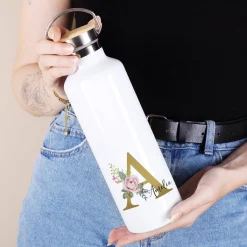 Thermosflasche mit Rosen-Monogramm, Name und Initiale bedruckt