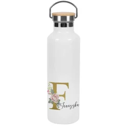 Thermosflasche mit Rosen-Monogramm, Name und Initiale bedruckt