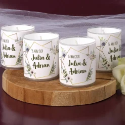Tischdeko - 4 kleine Kerzen zur Hochzeit mit Blüten, Namen und Datum