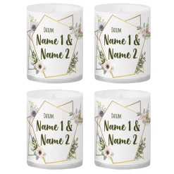 Tischdeko - 4 kleine Kerzen zur Hochzeit mit Blüten, Namen und Datum