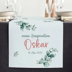 Tischläufer mit Eukalyptus-Motiv zur Kommunion, Konfirmation oder Taufe - in zwei Längen