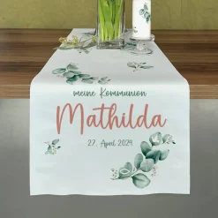Tischläufer mit Eukalyptus-Motiv zur Kommunion, Konfirmation oder Taufe - in zwei Längen