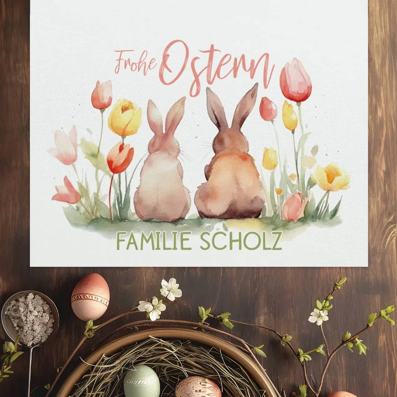 Tischläufer mit Osterhasen und Wunschtext in 2 Größen verfügbar