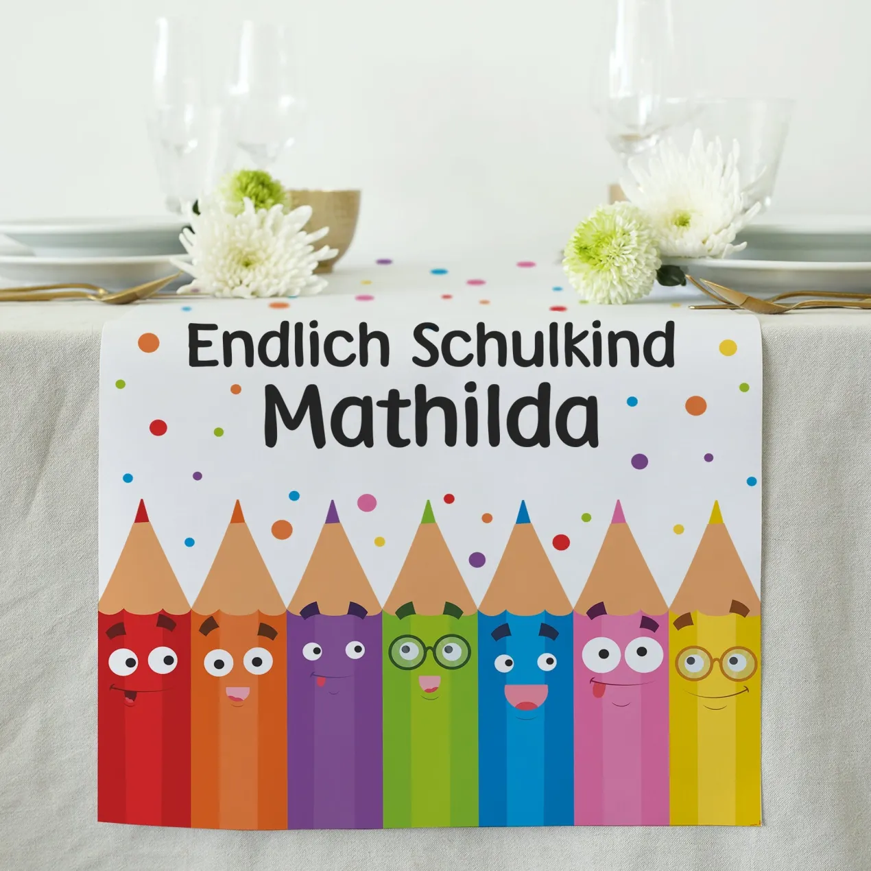 Tischläufer zur Einschulung personalisiert mit Name | Buntstifte | 2 Größen
