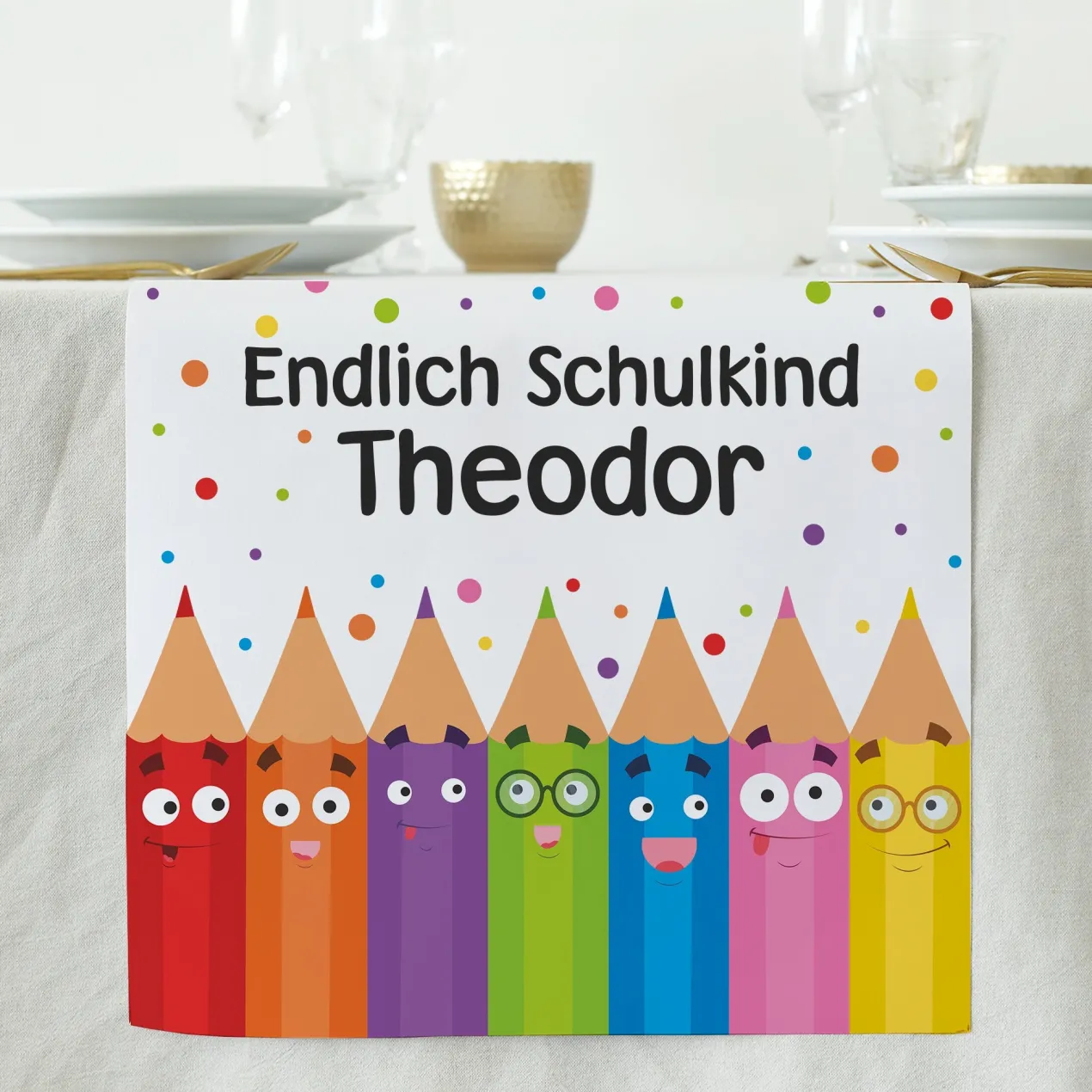 Tischläufer zur Einschulung personalisiert mit Name | Buntstifte | 2 Größen