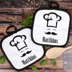 Topflappen 2er Set personalisiert mit Name | Kochmützen-Motiv