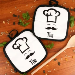 Topflappen 2er Set personalisiert mit Name | Kochmützen-Motiv