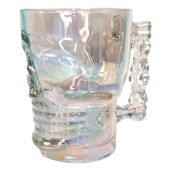 Totenkopf-Bierglas 500 ml | irisierendes Trinkglas mit Griff in Knochenform