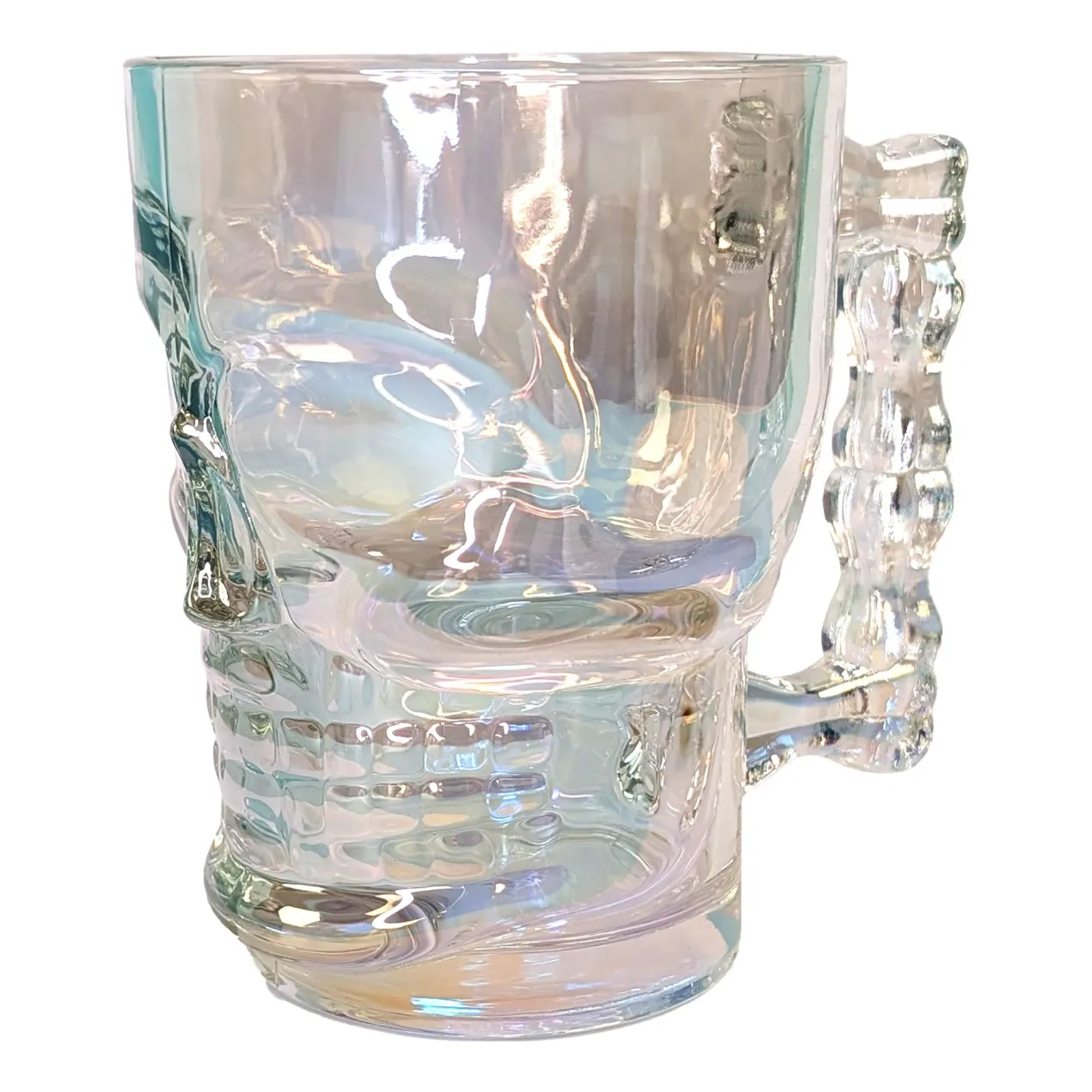Totenkopf-Bierglas 500 ml | irisierendes Trinkglas mit Griff in Knochenform