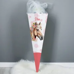 Traumhafte Schultüte mit Pferd, Blumen, Punkten und Name