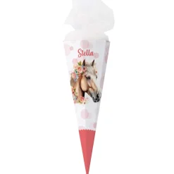 Traumhafte Schultüte mit Pferd, Blumen, Punkten und Name