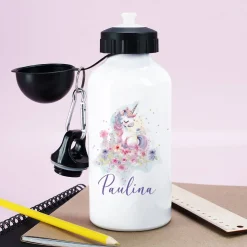 Trinkflasche aus Aluminium mit Einhorn-Motiv im Watercolorstil, Blüten und Name