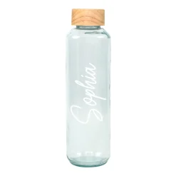 Trinkflasche aus Glas mit Name personalisiert 600 ml | Handmade Flasche mit Holzdeckel als Geschenk