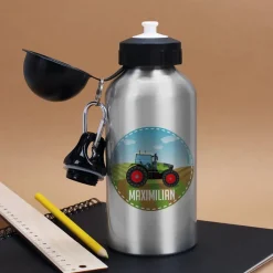 Trinkflasche in Silber mit Traktor und Ihrem Wunschnamen bedruckt