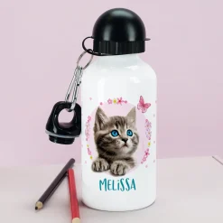 Trinkflasche mit Baby-Katze und Namensaufdruck