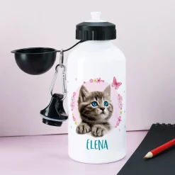 Trinkflasche mit Baby-Katze und Namensaufdruck