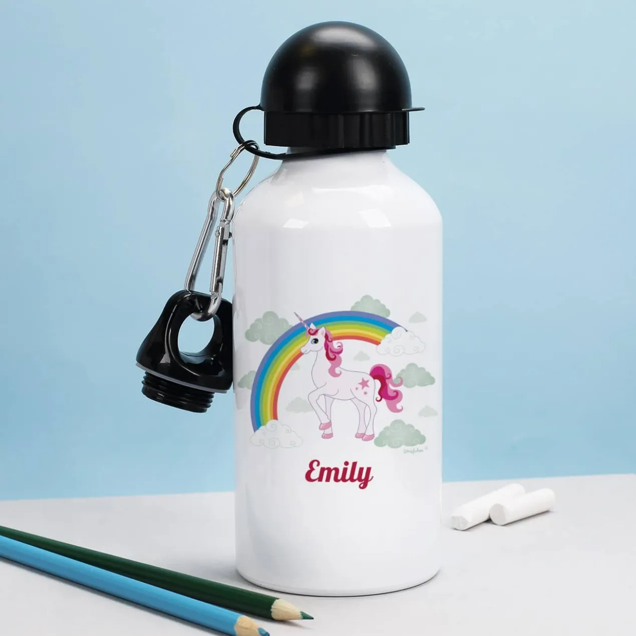 Trinkflasche mit Einhorn, Regenbogen und Name