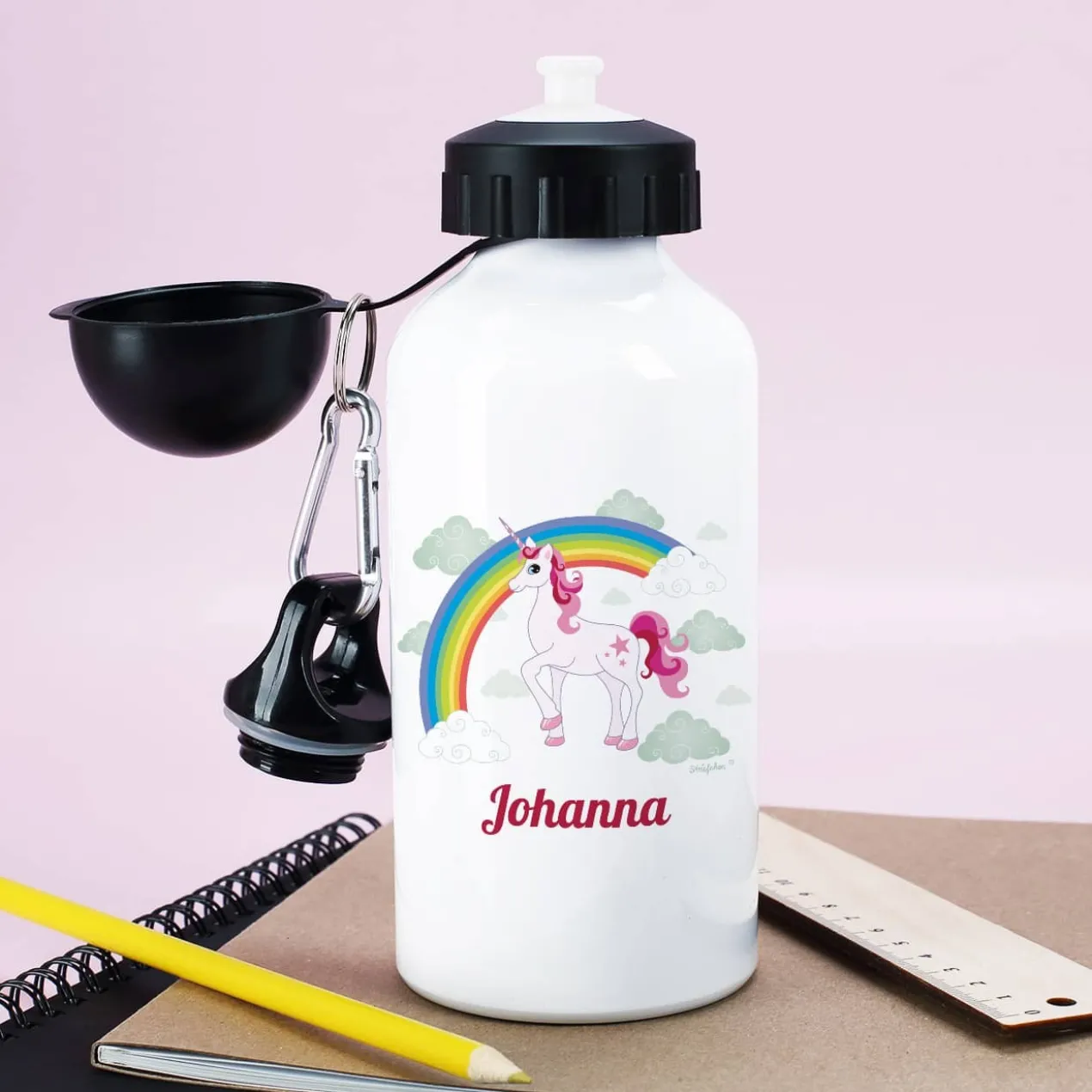 Trinkflasche mit Einhorn, Regenbogen und Name