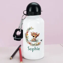 Trinkflasche mit Rehkitz, Blumenranke und Name bedruckt
