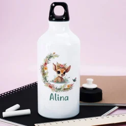 Trinkflasche mit Rehkitz, Blumenranke und Name bedruckt