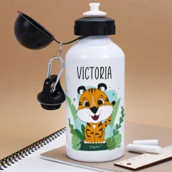 Trinkflasche mit Tigermotiv und Namensaufdruck
