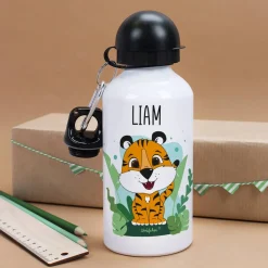 Trinkflasche mit Tigermotiv und Namensaufdruck