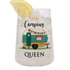 Trinkglas als Geschenk für Camperinnen & Camping Urlaub | Camping Queen mit Wohnwagen | Glas 430 ml