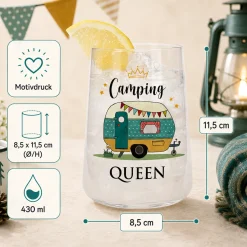 Trinkglas als Geschenk für Camperinnen & Camping Urlaub | Camping Queen mit Wohnwagen | Glas 430 ml
