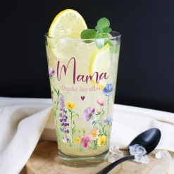 Trinkglas für Mama mit eigener Botschaft personalisierbar | Blumen-Motiv