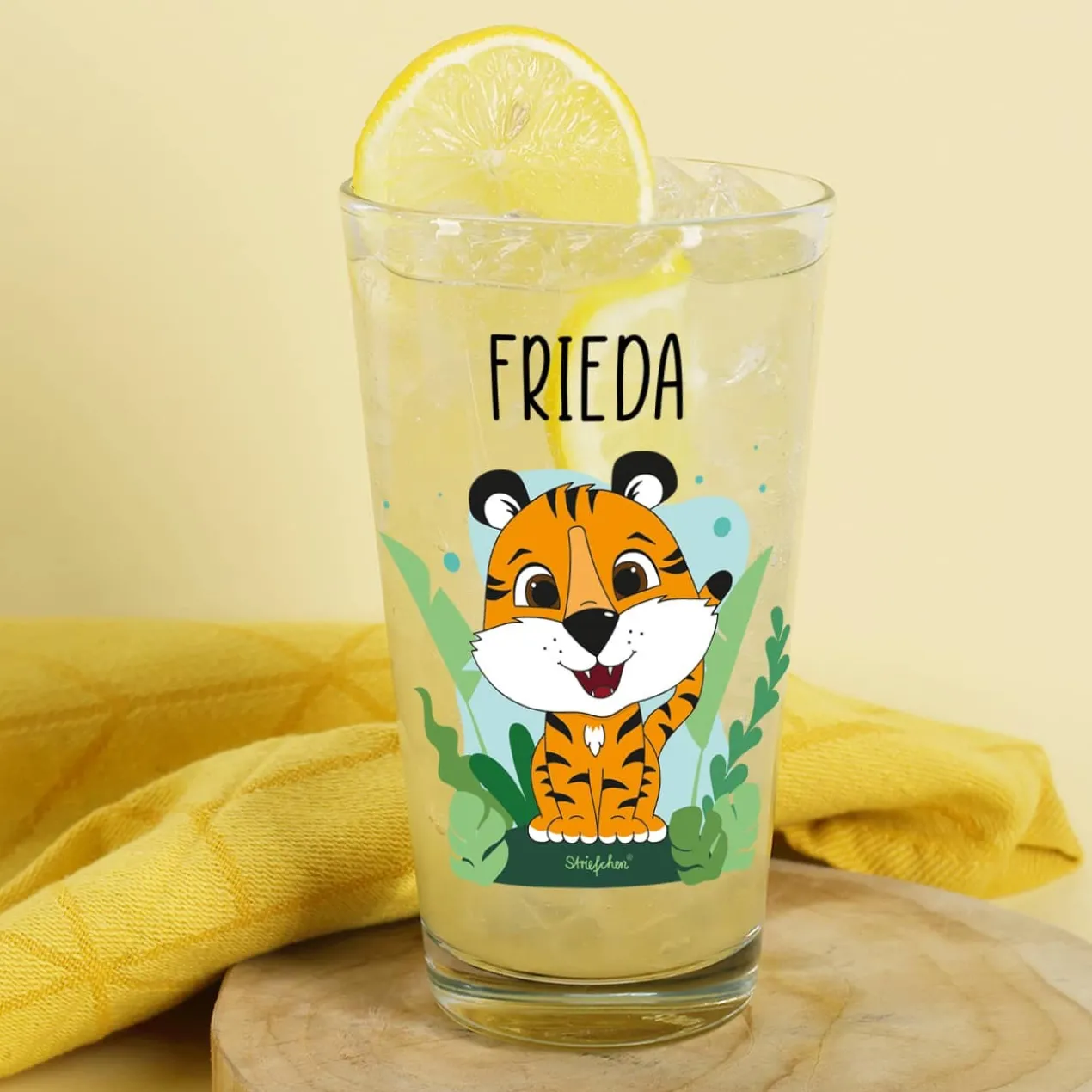 Trinkglas mit Tigermotiv und Namensaufdruck