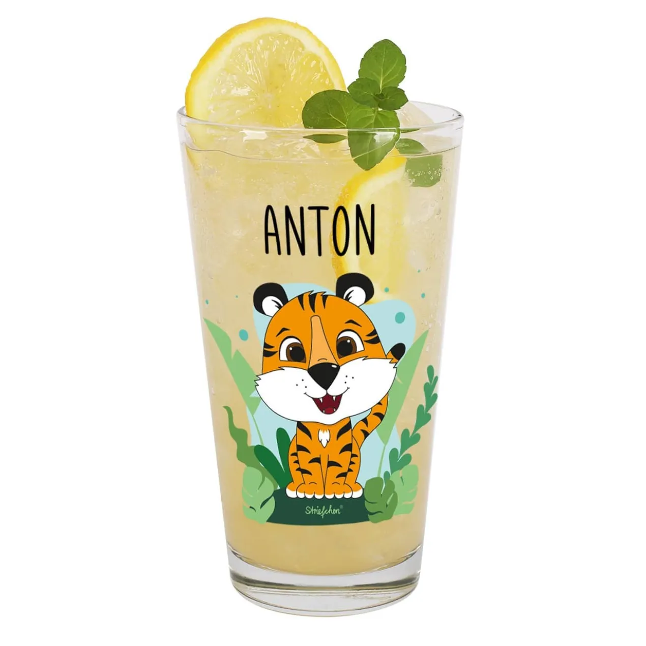 Trinkglas mit Tigermotiv und Namensaufdruck