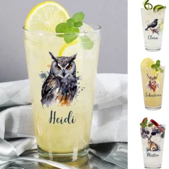 Trinkglas mit Wintertieren und Name, 4 Motive zur Auswahl
