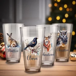 Trinkglas mit Wintertieren und Name, 4 Motive zur Auswahl