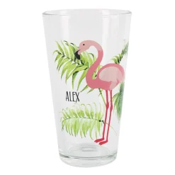 Trinkglas -Tropical- mit Flamingo und Name