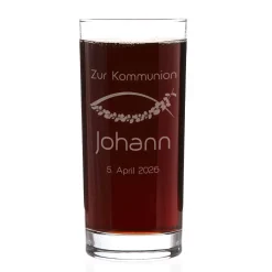 Trinkglas zur Kommunion, Konfirmation, Taufe mit Name, Datum & Text graviert