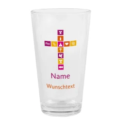 Trinkglas zur Kommunion oder Konfirmation mit Kreuz, Name und Wunschtext