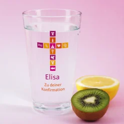 Trinkglas zur Kommunion oder Konfirmation mit Kreuz, Name und Wunschtext