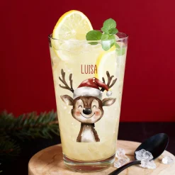 Trinkglas zu Weihnachten mit niedlichem Rentiermotiv & Name personalisiert | Leonardo Glas