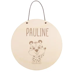 Türschild aus Holz mit Tiger-Motiv und Wunschname fürs Kinderzimmer