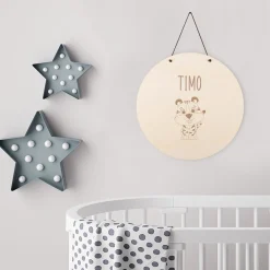 Türschild aus Holz mit Tiger-Motiv und Wunschname fürs Kinderzimmer