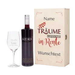Träume gehen nie in Rente - Wein-Set mit graviertem Glas