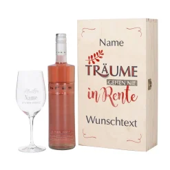 Träume gehen nie in Rente - Wein-Set mit graviertem Glas